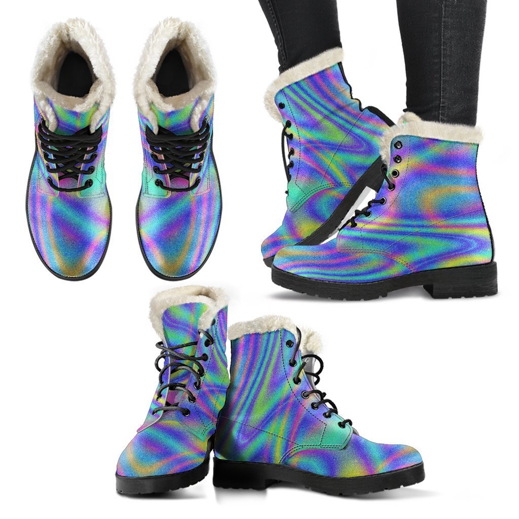 Turquoise Holographic Trip Faux Fur Leather Boots - Embrace Your Inner Hippie Style! - 2