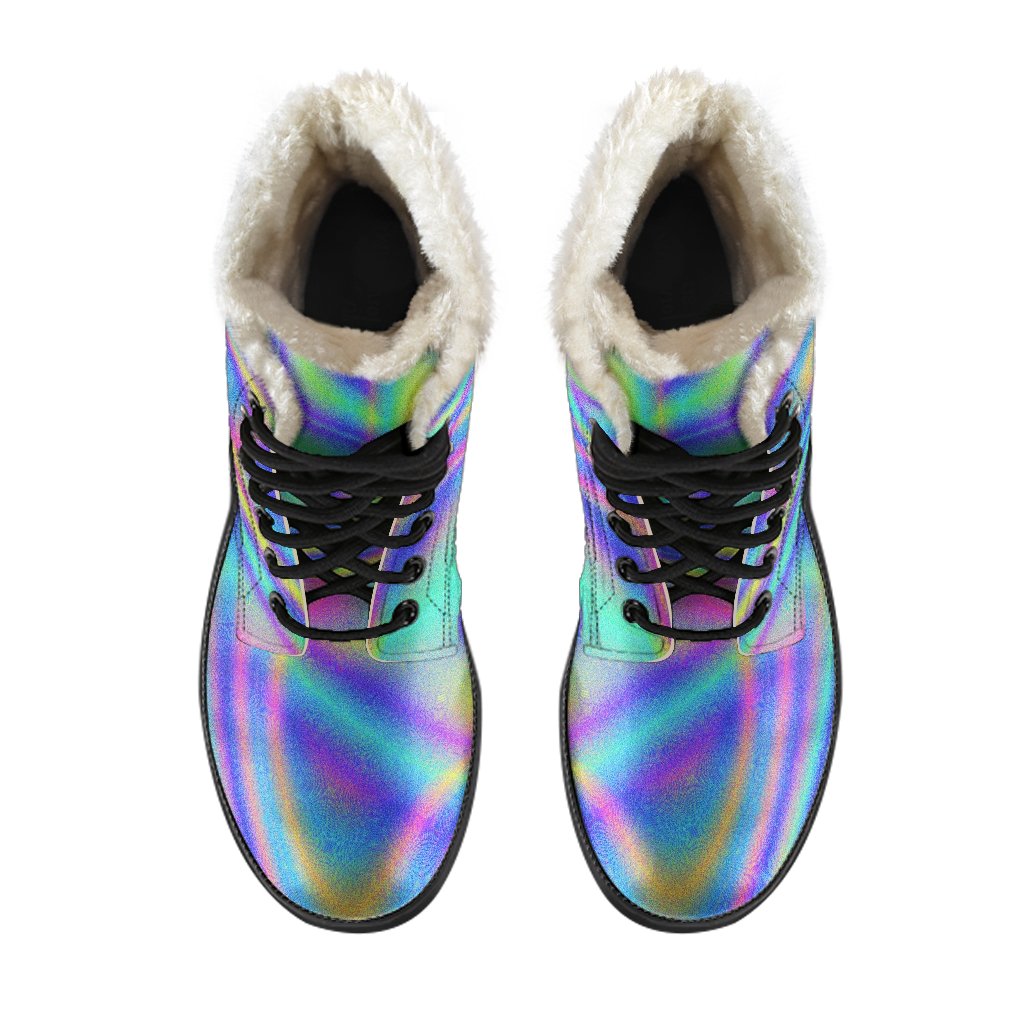 Turquoise Holographic Trip Faux Fur Leather Boots - Embrace Your Inner Hippie Style! - 4