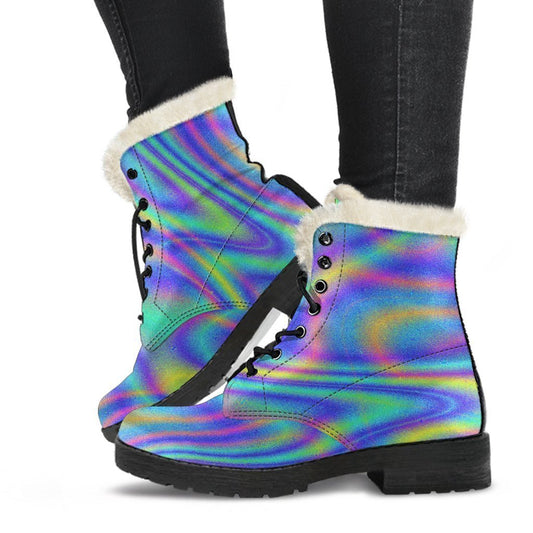 Turquoise Holographic Trip Faux Fur Leather Boots - Embrace Your Inner Hippie Style! - 1