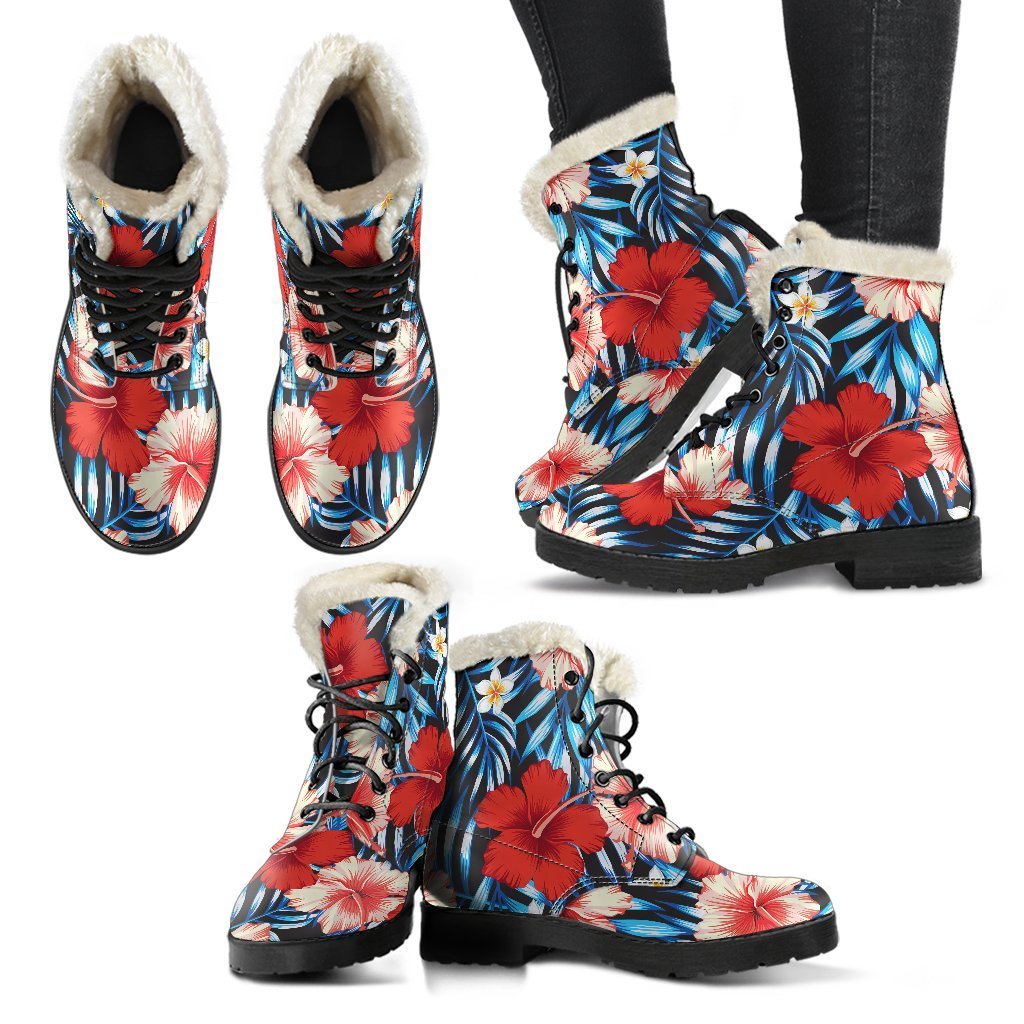 Turquoise Leaves Hibiscus Pattern Print Faux Fur Leather Boots for Boho Chic Hippies - 2