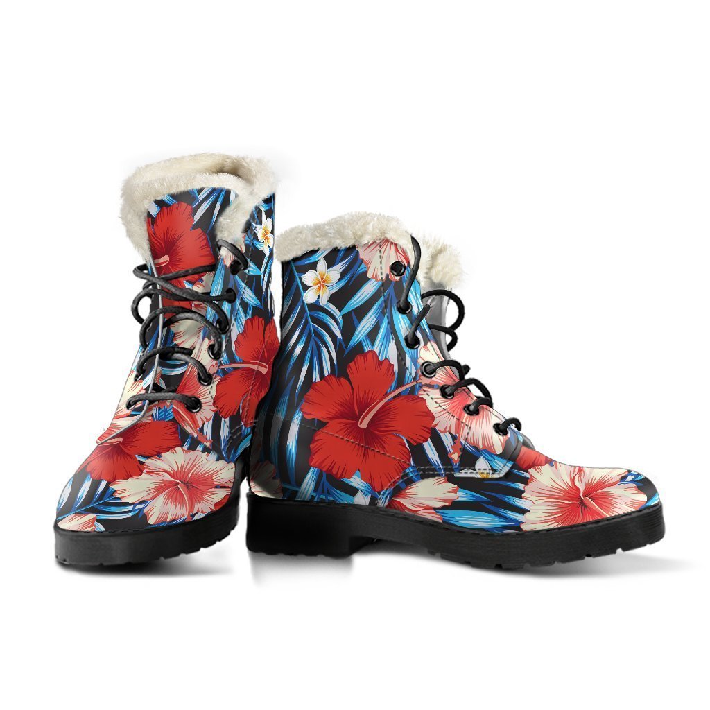 Turquoise Leaves Hibiscus Pattern Print Faux Fur Leather Boots for Boho Chic Hippies - 3