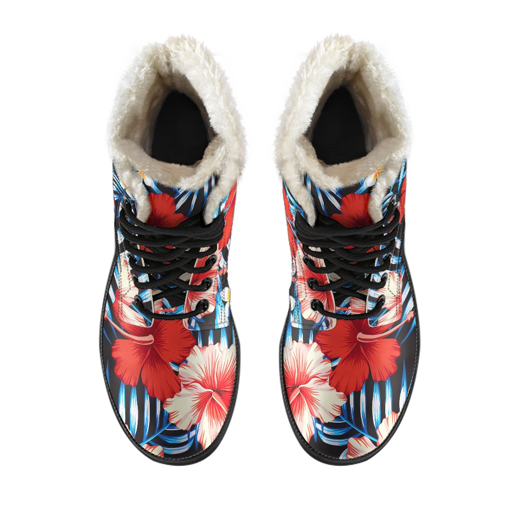 Turquoise Leaves Hibiscus Pattern Print Faux Fur Leather Boots for Boho Chic Hippies - 4