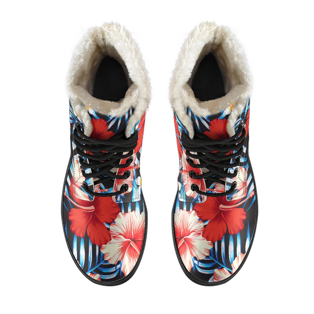 Turquoise Leaves Hibiscus Pattern Print Faux Fur Leather Boots for Boho Chic Hippies - 4