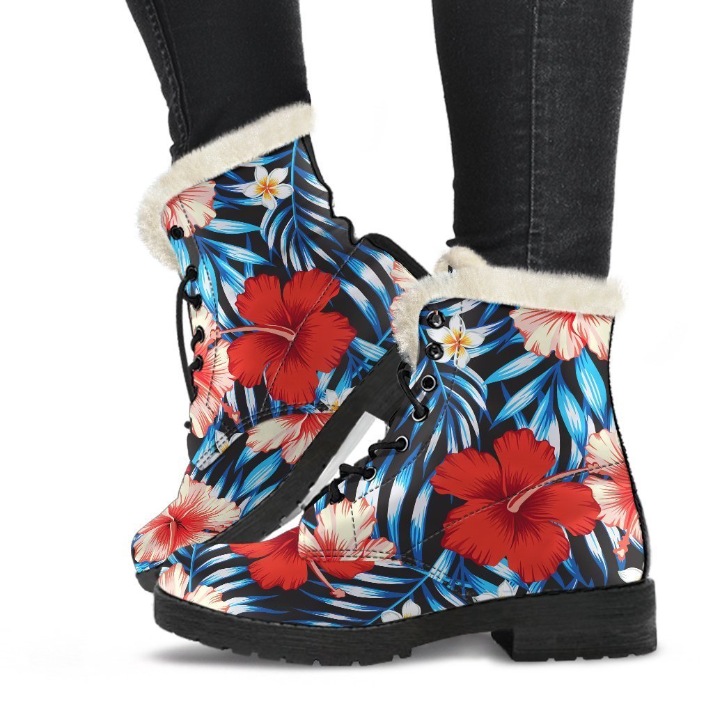 Turquoise Leaves Hibiscus Pattern Print Faux Fur Leather Boots for Boho Chic Hippies - 1