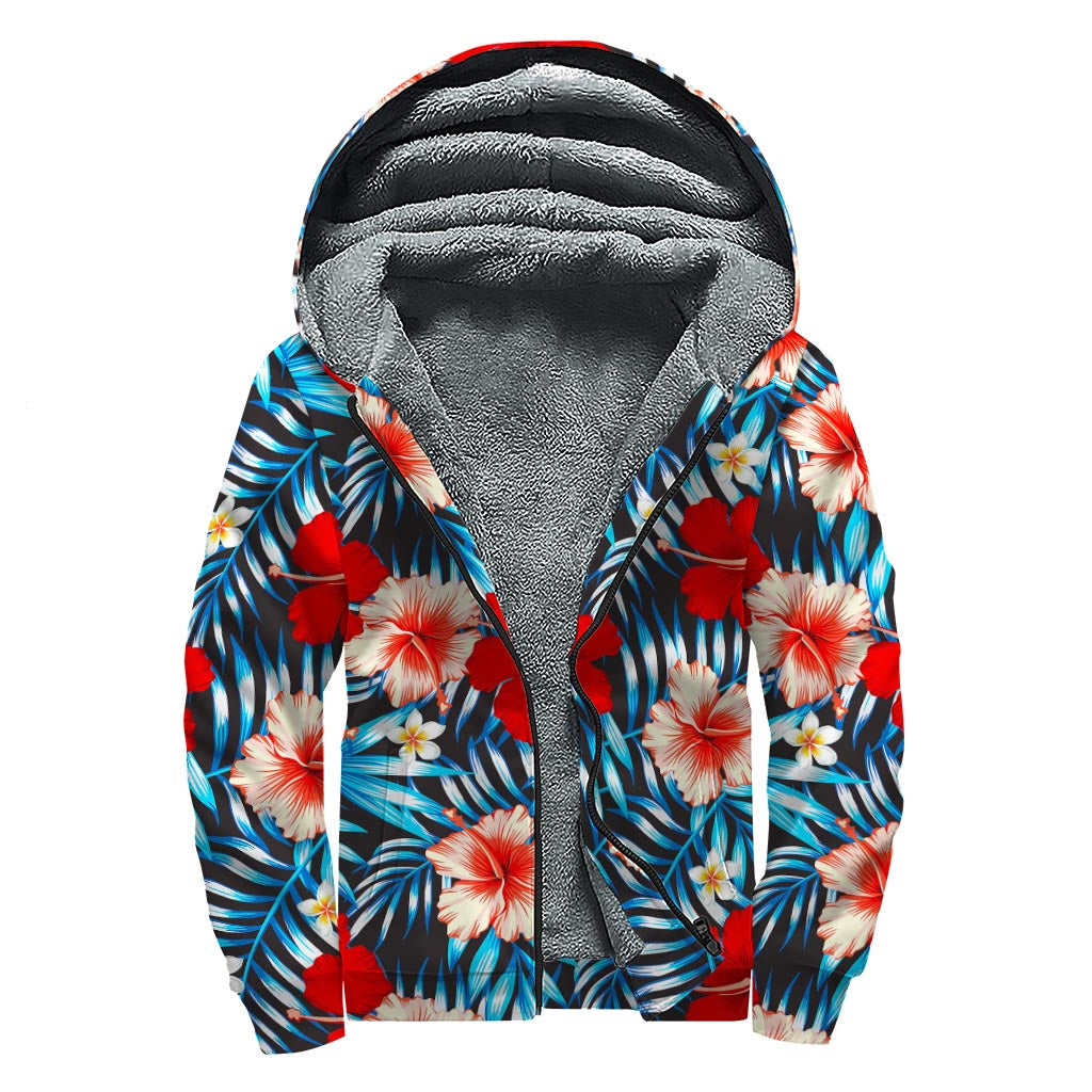 Turquoise Leaves & Hibiscus Sherpa Lined Zip Up Hoodie for Free Spirited Hippies - 1