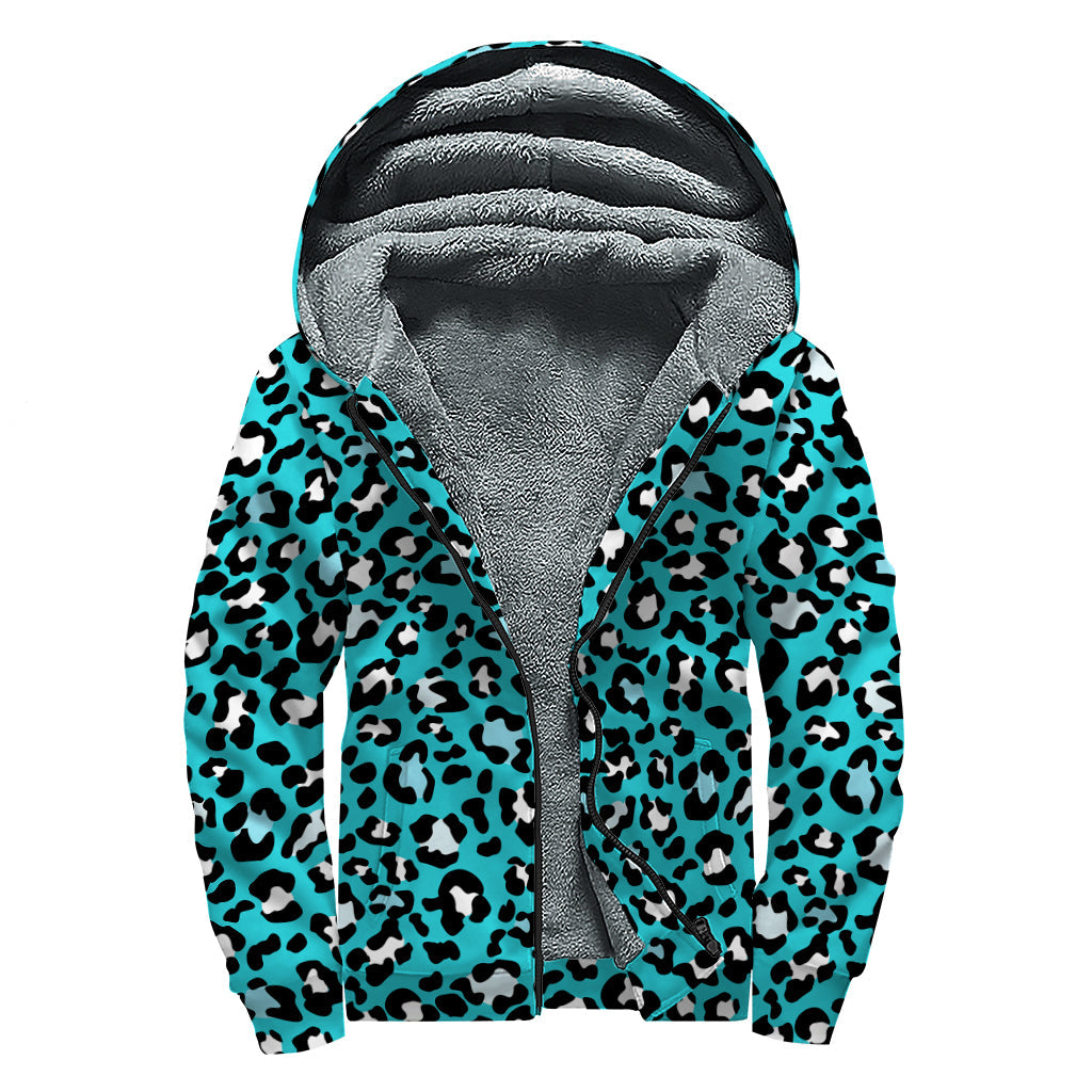 Turquoise Leopard Print Sherpa Lined Zip Up Hoodie: Embrace Your Inner Hippie Style! - 1