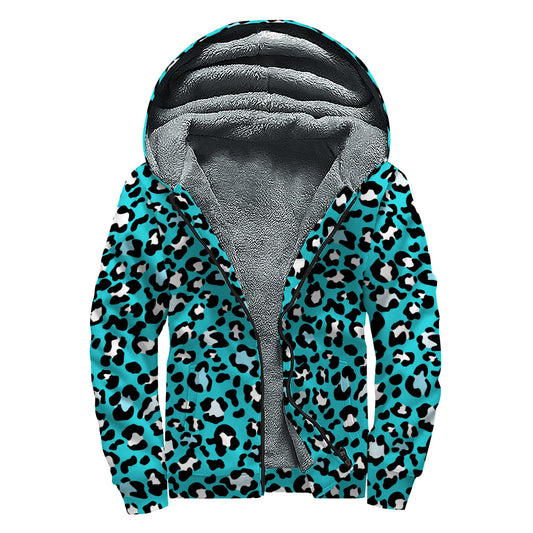 Turquoise Leopard Print Sherpa Lined Zip Up Hoodie: Embrace Your Inner Hippie Style! - 1