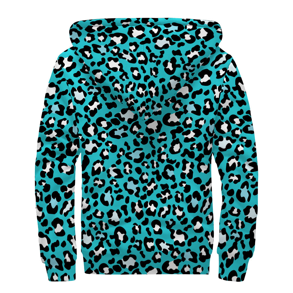 Turquoise Leopard Print Sherpa Lined Zip Up Hoodie: Embrace Your Inner Hippie Style! - 2