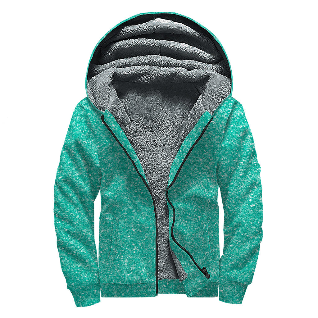 Turquoise Glitter Print Hippie Sherpa Lined Zip Up Hoodie - 1