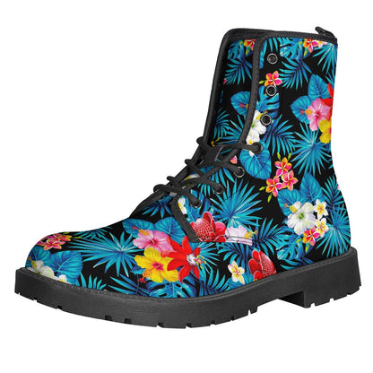 Turquoise Tropical Hawaii Pattern Leather Boots for Stylish Hippies - 1