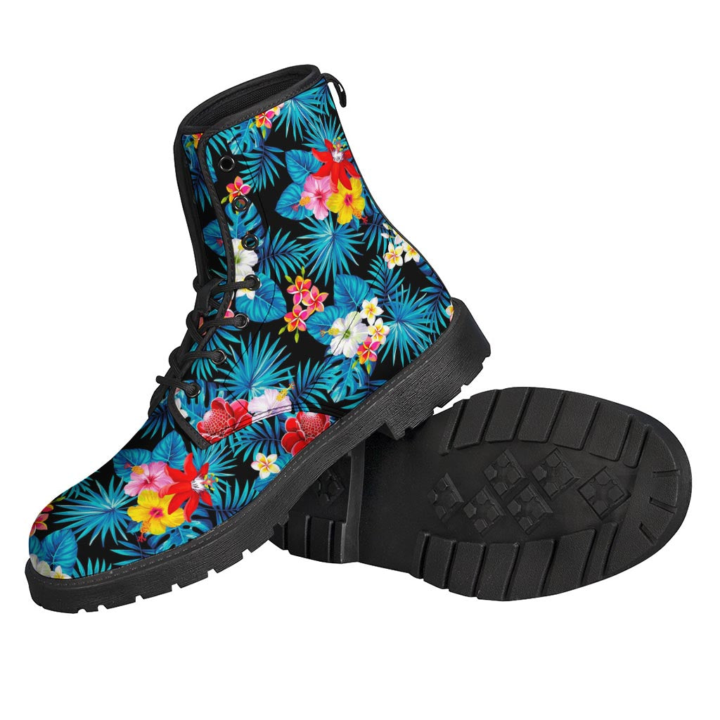 Turquoise Tropical Hawaii Pattern Leather Boots for Stylish Hippies - 2