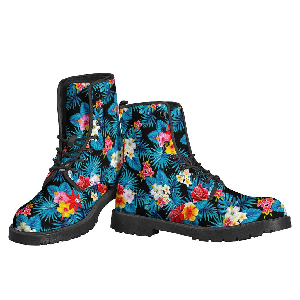 Turquoise Tropical Hawaii Pattern Leather Boots for Stylish Hippies - 3