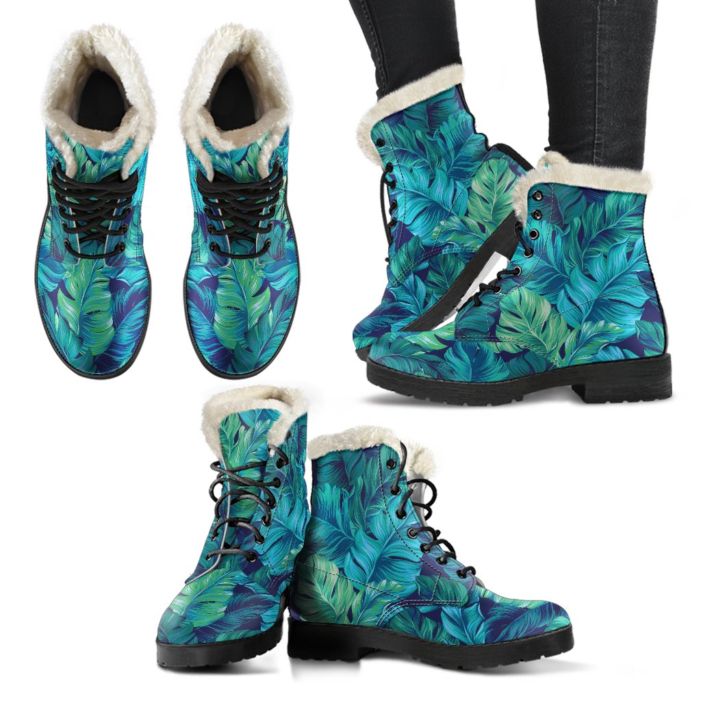 Turquoise Tropical Leaf Print Faux Fur Leather Boots for the Boho Chic Hippie - 2