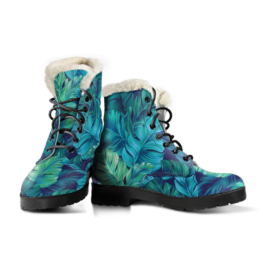 Turquoise Tropical Leaf Print Faux Fur Leather Boots for the Boho Chic Hippie - 3