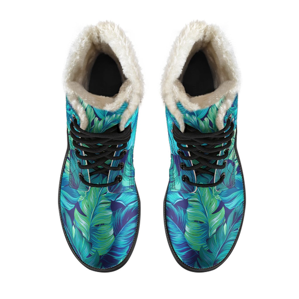 Turquoise Tropical Leaf Print Faux Fur Leather Boots for the Boho Chic Hippie - 4