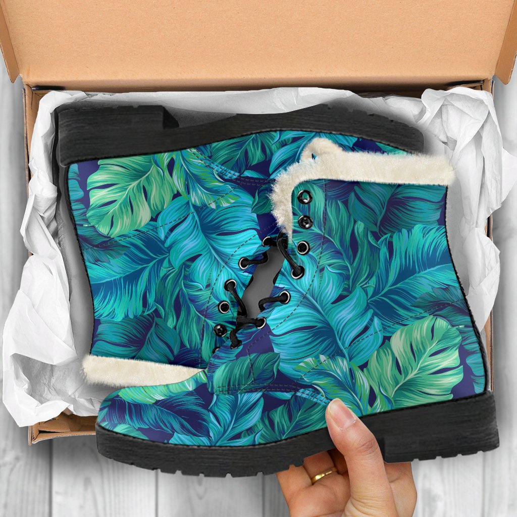 Turquoise Tropical Leaf Print Faux Fur Leather Boots for the Boho Chic Hippie - 5