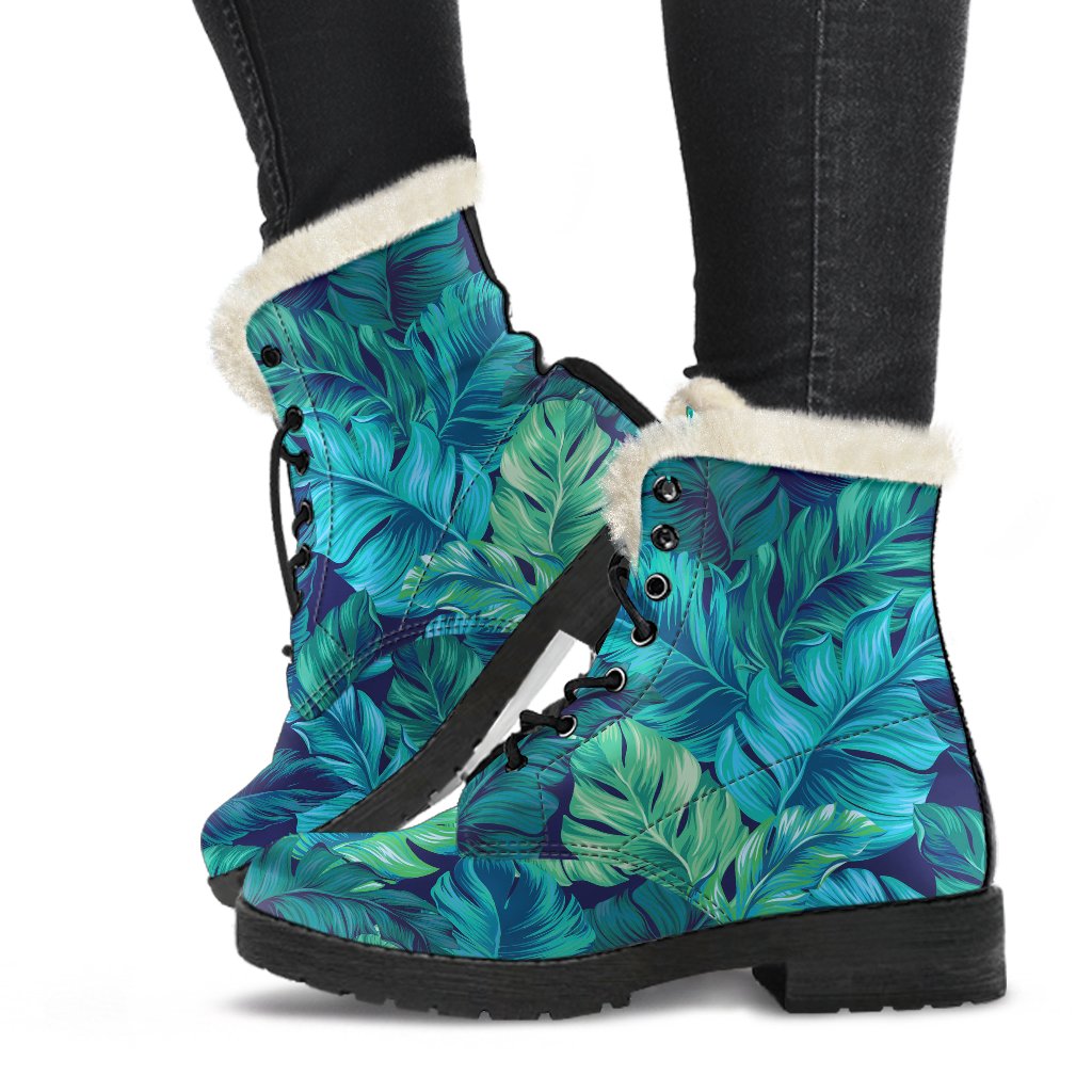 Turquoise Tropical Leaf Print Faux Fur Leather Boots for the Boho Chic Hippie - 1