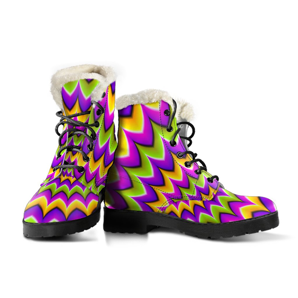 Groovy Vibes: Twisted Colors Moving Optical Illusion Faux Fur Leather Boots - 3