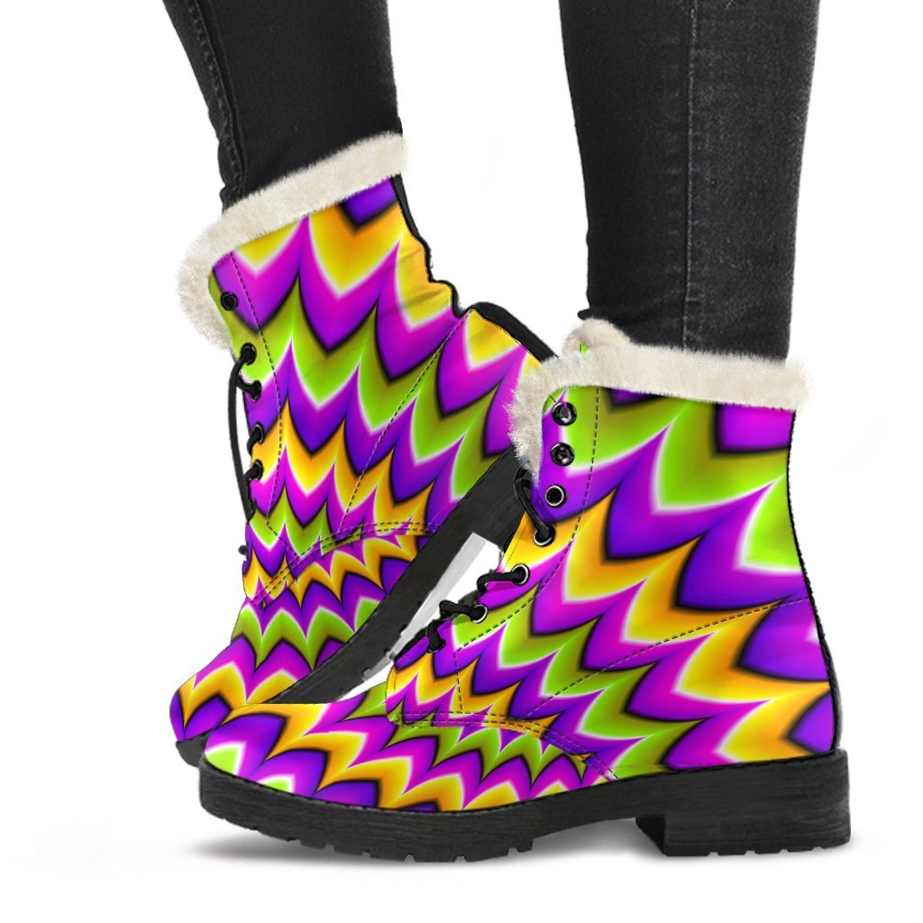 Groovy Vibes: Twisted Colors Moving Optical Illusion Faux Fur Leather Boots - 1