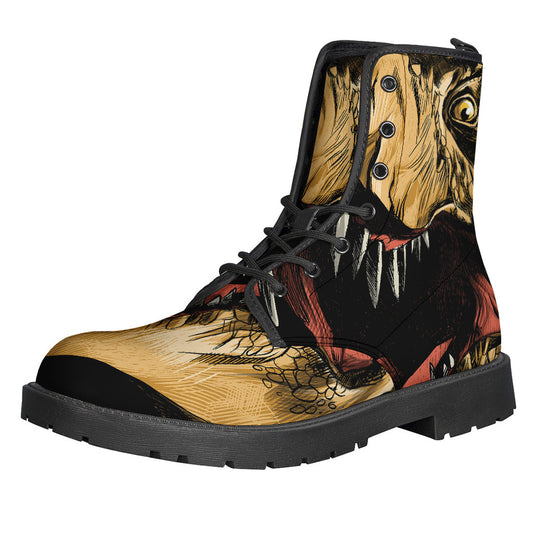 Tyrannosaurus Rex Head Printed Leather Boots - Groovy Hippie Style - 1