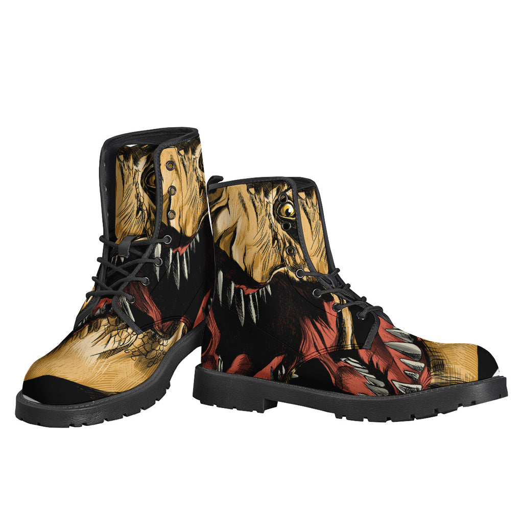 Tyrannosaurus Rex Head Printed Leather Boots - Groovy Hippie Style - 3