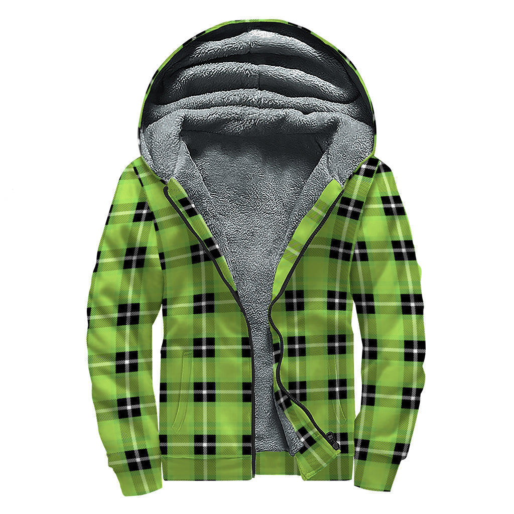 UFO Green Tartan Pattern Print Sherpa Lined Zip Up Hoodie: Embrace Your Inner Hippie Style - 1