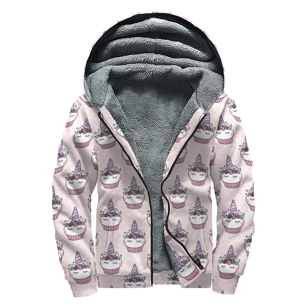 Unicorn Cupcake Pattern Print Sherpa Lined Zip Up Hoodie for Groovy Hippies - 1