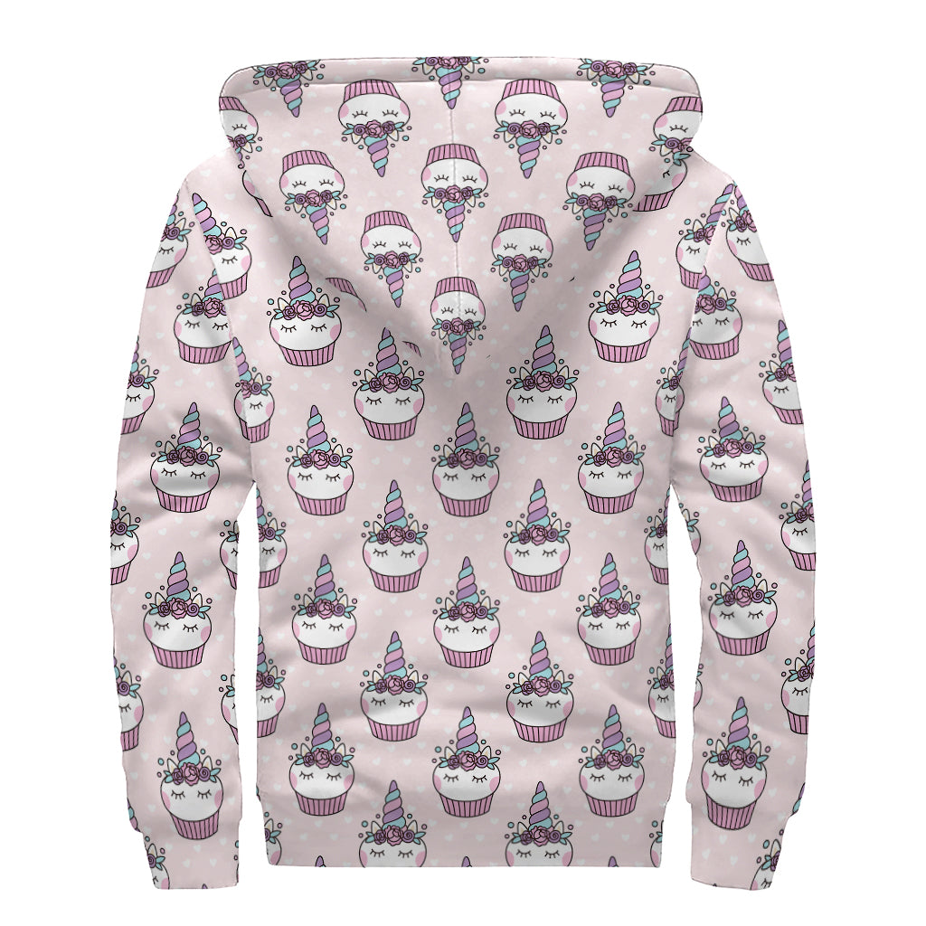 Unicorn Cupcake Pattern Print Sherpa Lined Zip Up Hoodie for Groovy Hippies - 2