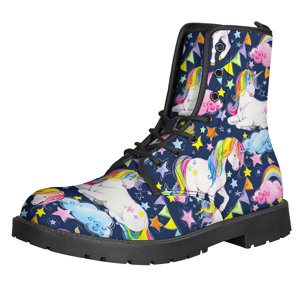 Groovy Leather Boots for Hippie Souls: Unicorn Night Festival Pattern Print - 1