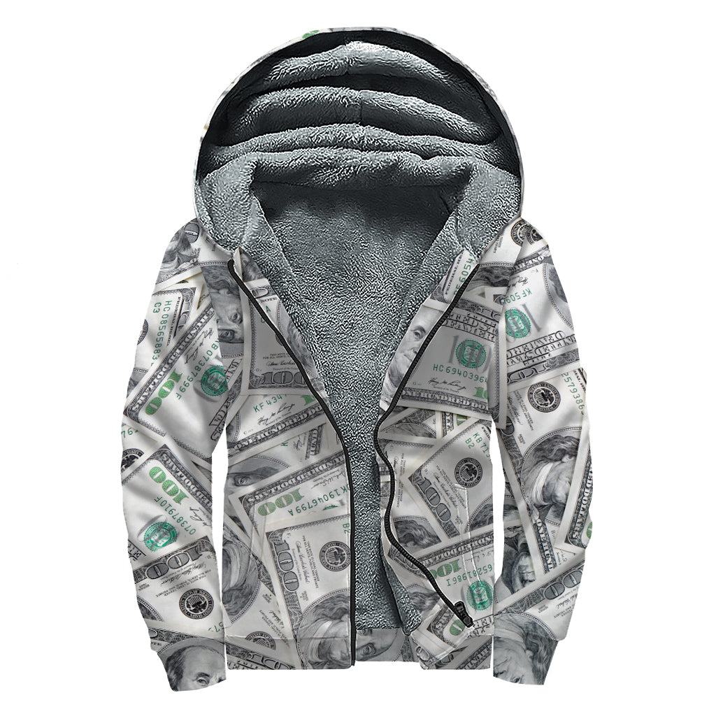 Groovy Currency Print Sherpa Lined Zip Up Hoodie for Free-Spirited Hippies - 1