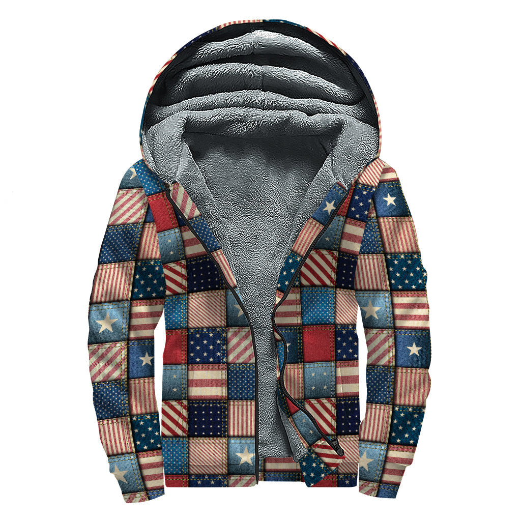 USA Denim Patchwork Pattern Print Sherpa Lined Zip Up Hoodie for Peaceful Hippies - 1