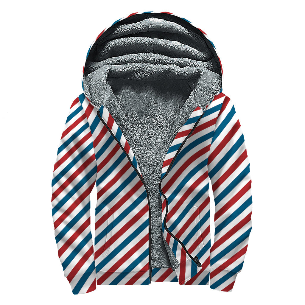 USA Patriotic Striped Pattern Print Sherpa Lined Zip Up Hoodie - 1