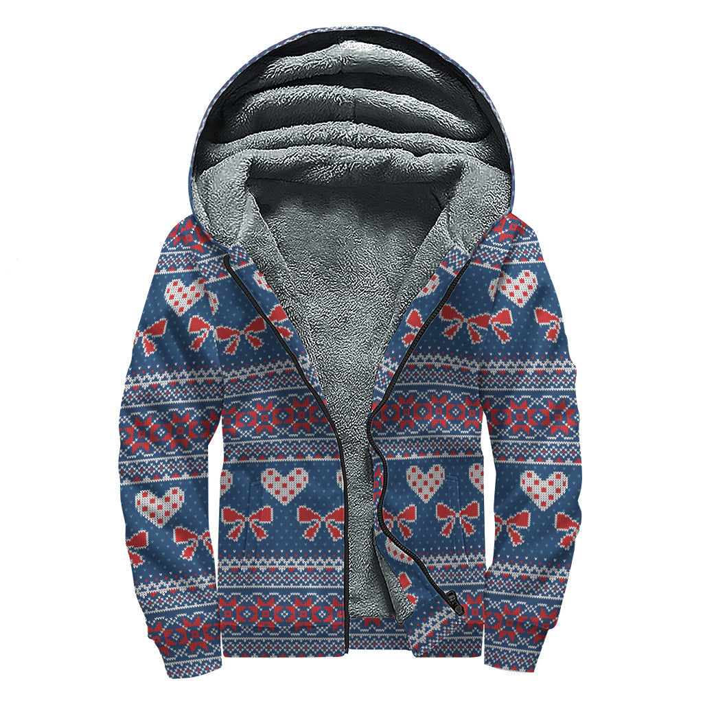 Groovy Gratitude: Knitted Pattern Print Sherpa Lined Zip Up Hoodie for Free-Spirited Hippies - 1