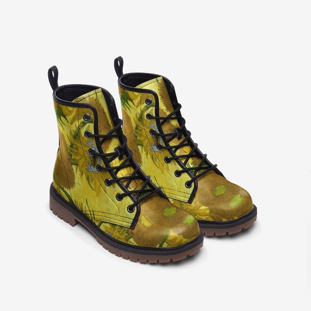 Emerald Blossoms - Van Gogh Sunflowers Vegan Leather Boots For Hippies