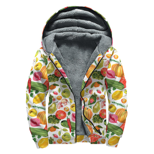 Vegan Fruits and Vegetables Print Sherpa Lined Zip Up Hoodie for the Groovy Hippie - 1