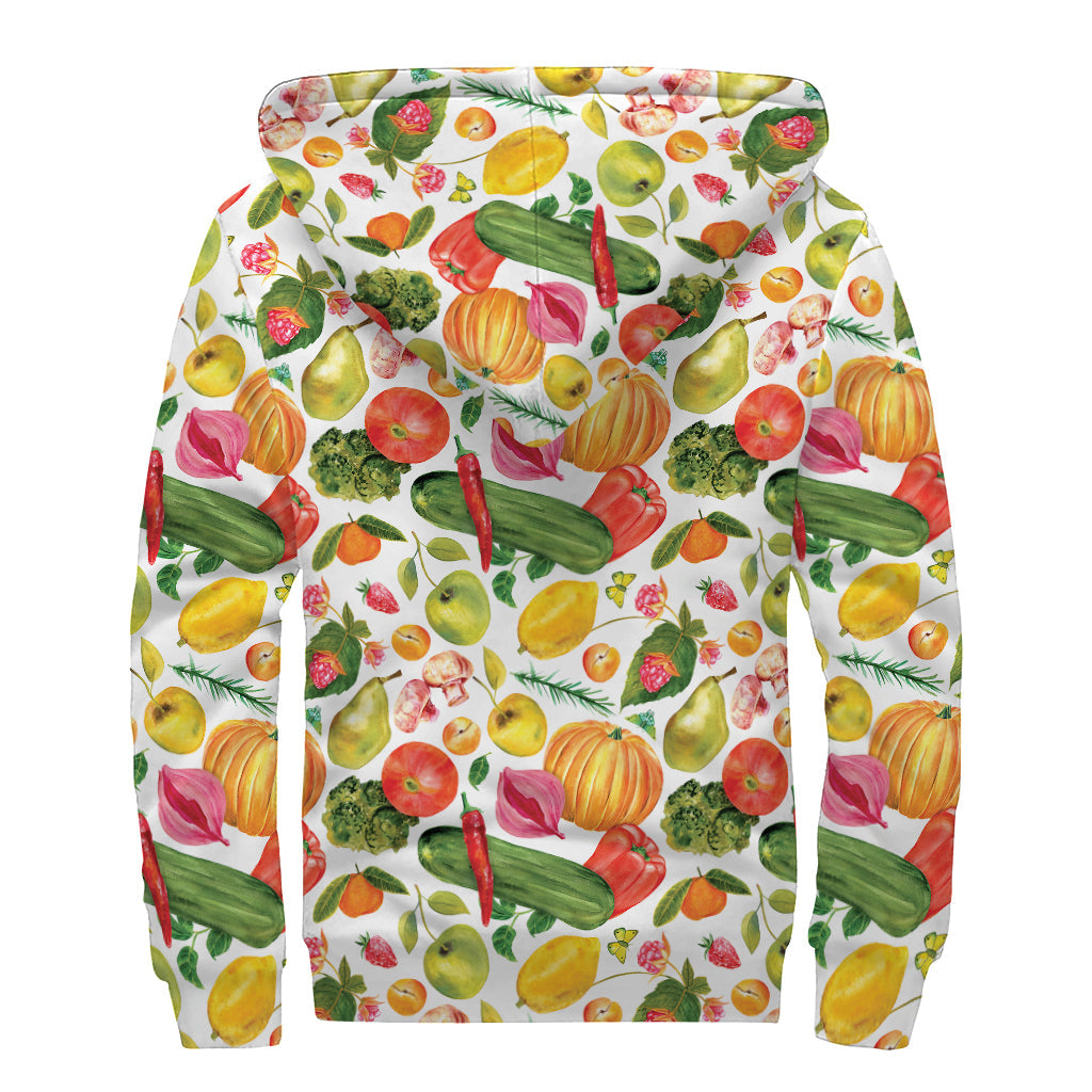 Vegan Fruits and Vegetables Print Sherpa Lined Zip Up Hoodie for the Groovy Hippie - 2