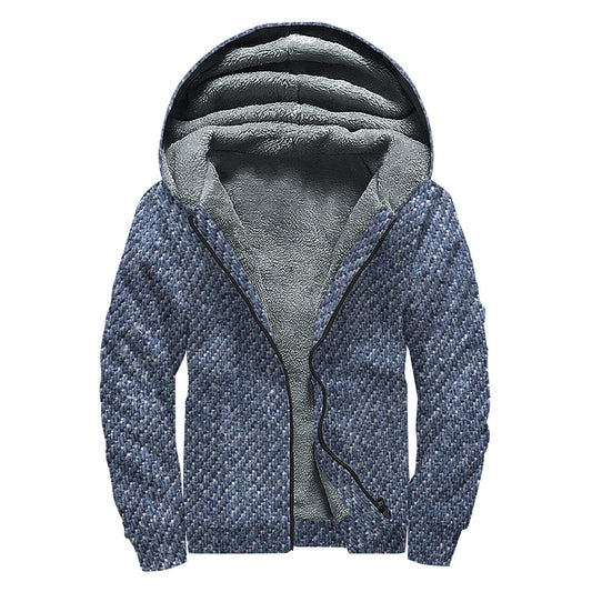 Groove in Style with the Vintage Blue Denim Jeans Print Sherpa Lined Zip Up Hoodie - 1