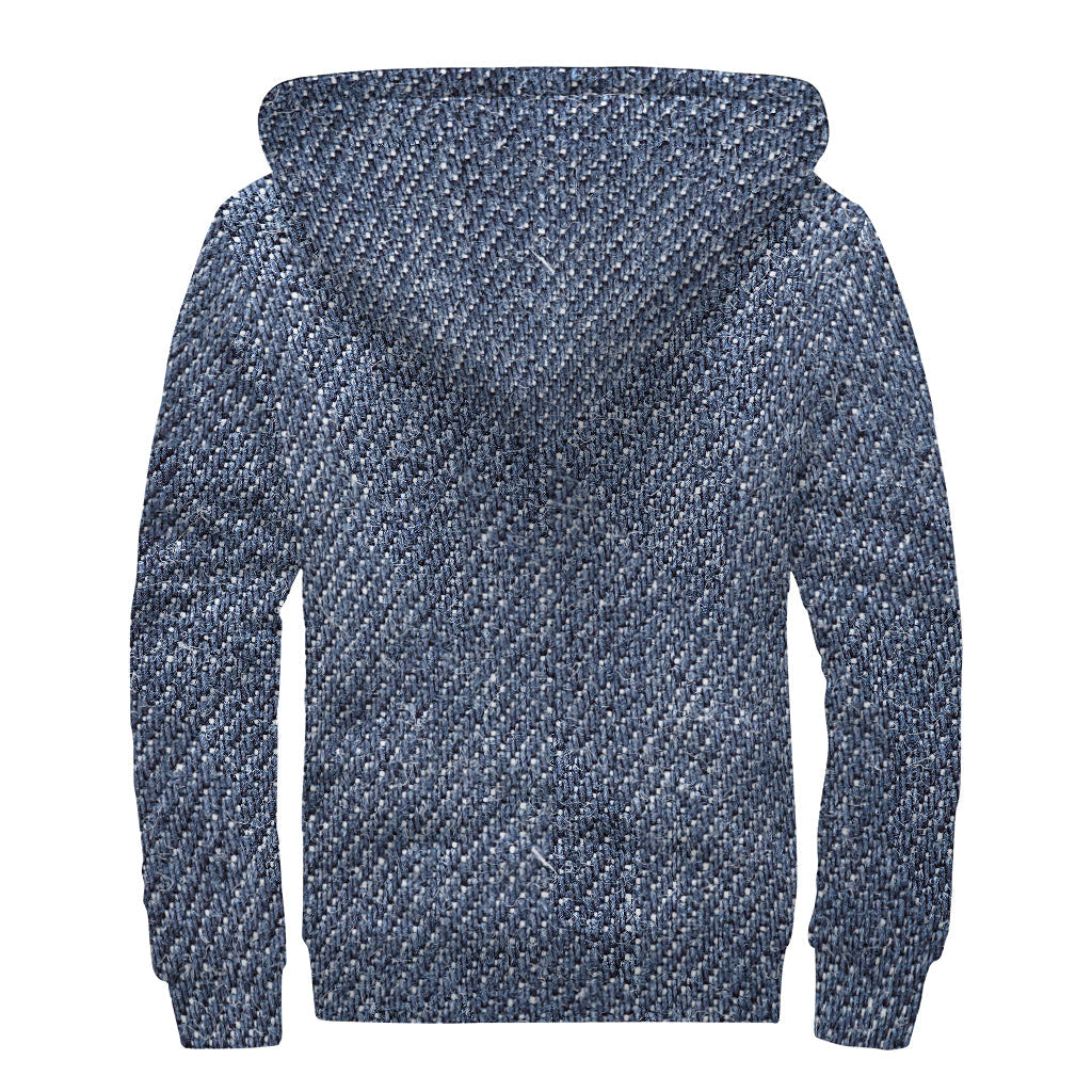 Groove in Style with the Vintage Blue Denim Jeans Print Sherpa Lined Zip Up Hoodie - 2