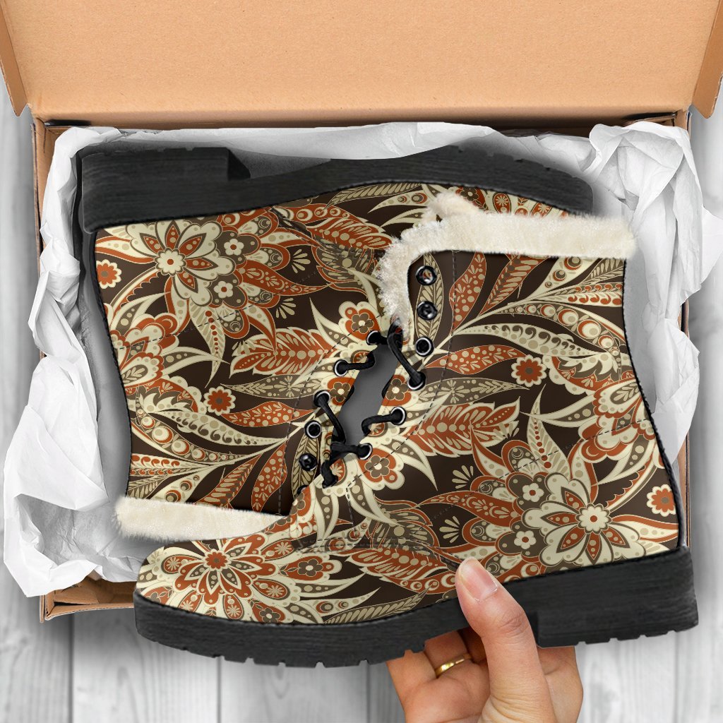Vintage Bohemian Floral Faux Fur Leather Boots for Groovy Hippies - 5