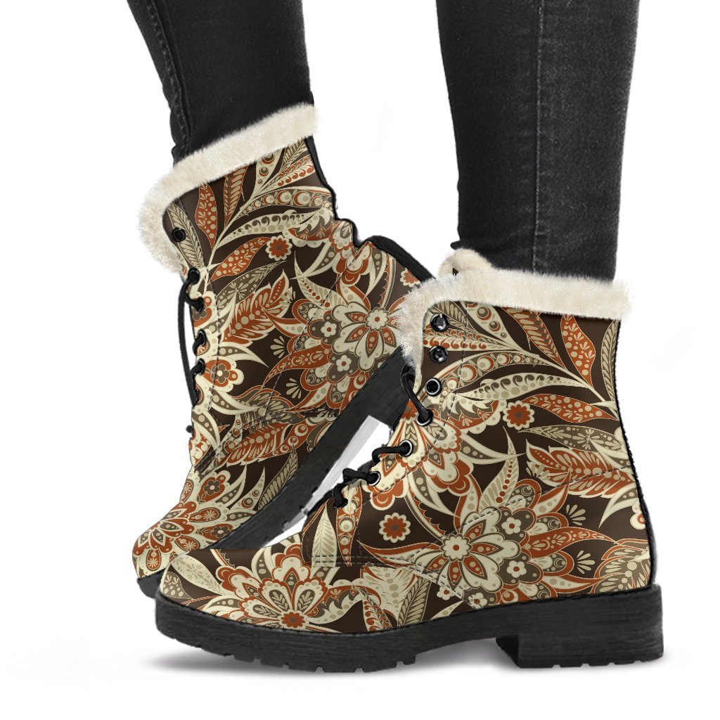 Vintage Bohemian Floral Faux Fur Leather Boots for Groovy Hippies - 1