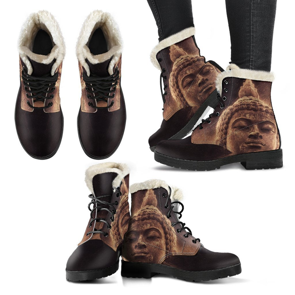 Vintage Buddha Statue Print Faux Fur Leather Hippie Boots - 2