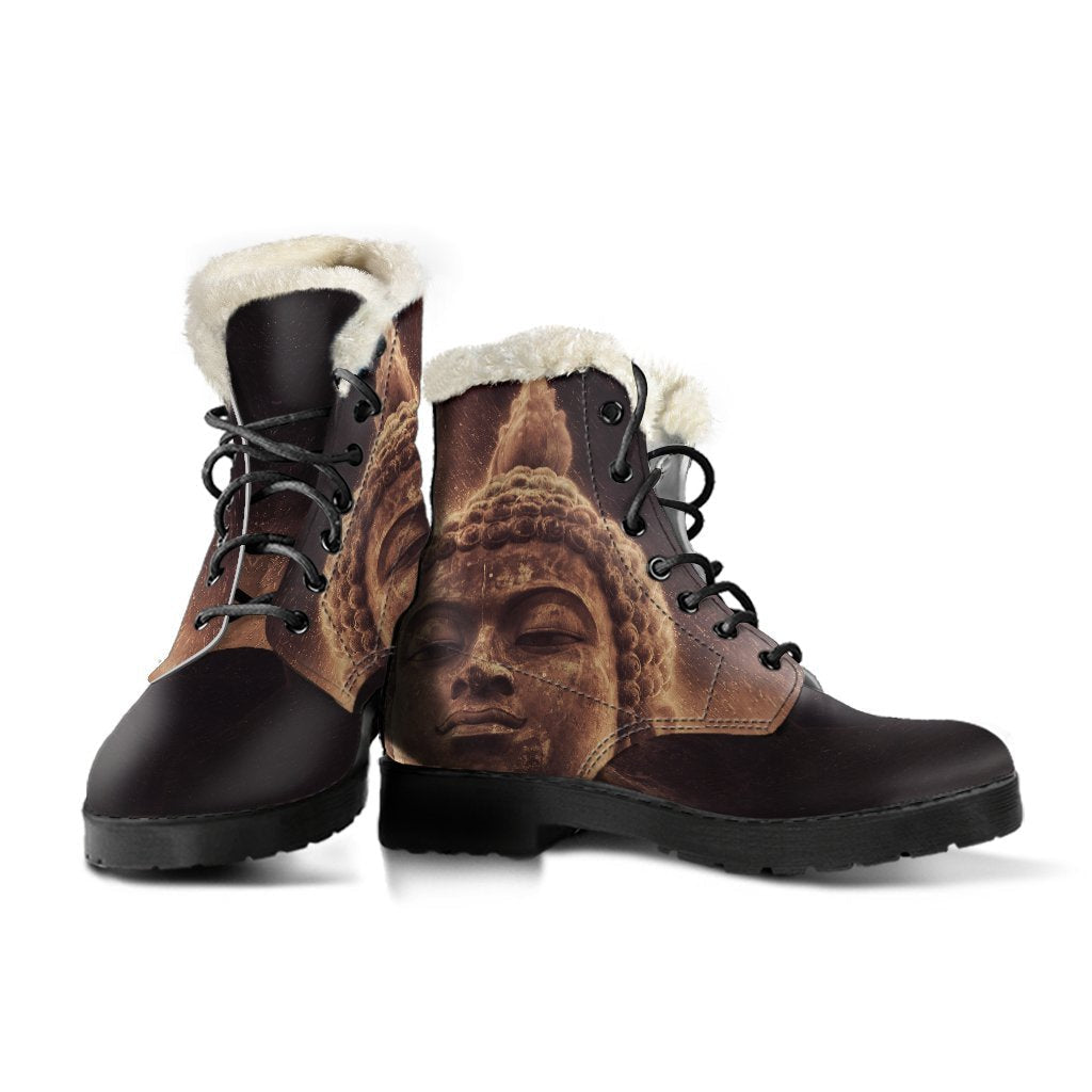 Vintage Buddha Statue Print Faux Fur Leather Hippie Boots - 3