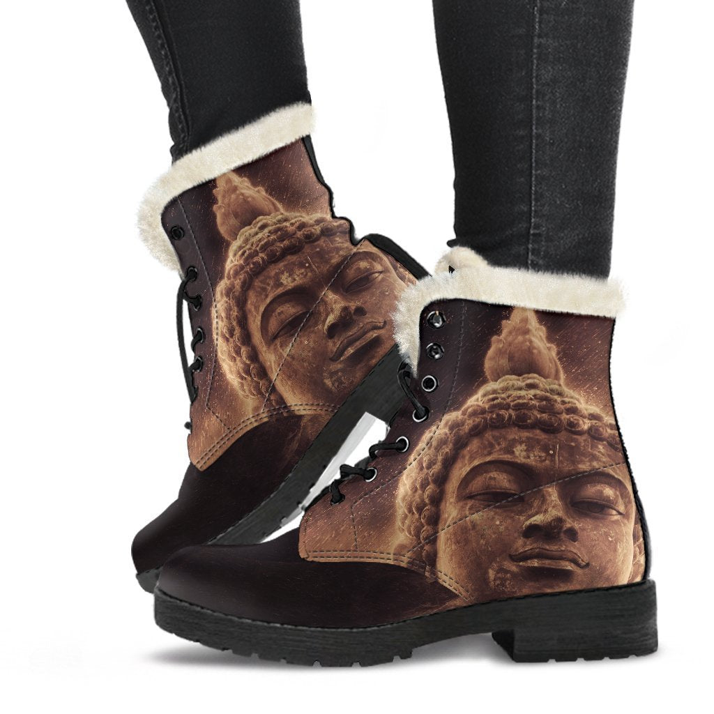 Vintage Buddha Statue Print Faux Fur Leather Hippie Boots - 1