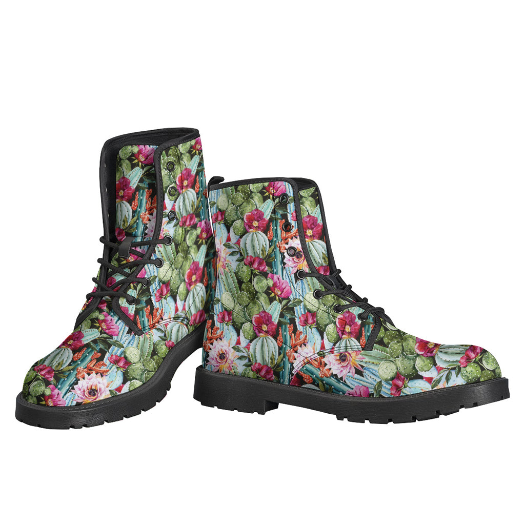 Vintage Cactus and Flower Printed Leather Lightweight Hippie Boots - 3