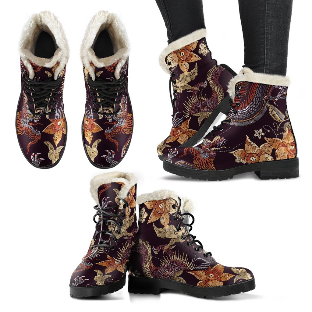 Hippies Heaven: Vintage Dragon Flower Pattern Faux Fur Leather Boots - 2