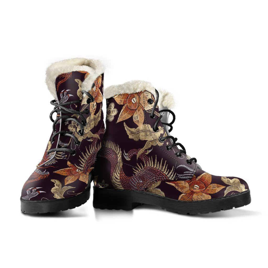 Hippies Heaven: Vintage Dragon Flower Pattern Faux Fur Leather Boots - 3