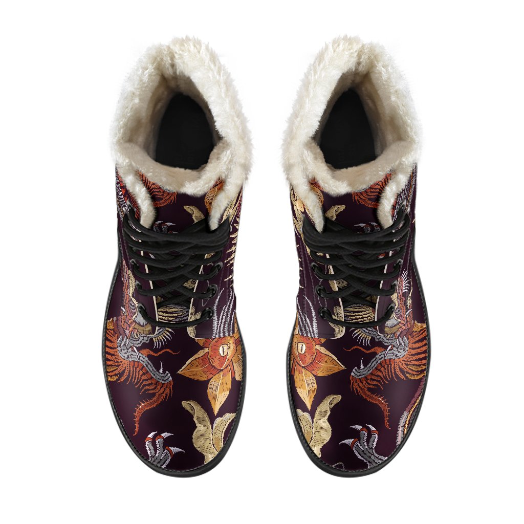 Hippies Heaven: Vintage Dragon Flower Pattern Faux Fur Leather Boots - 4