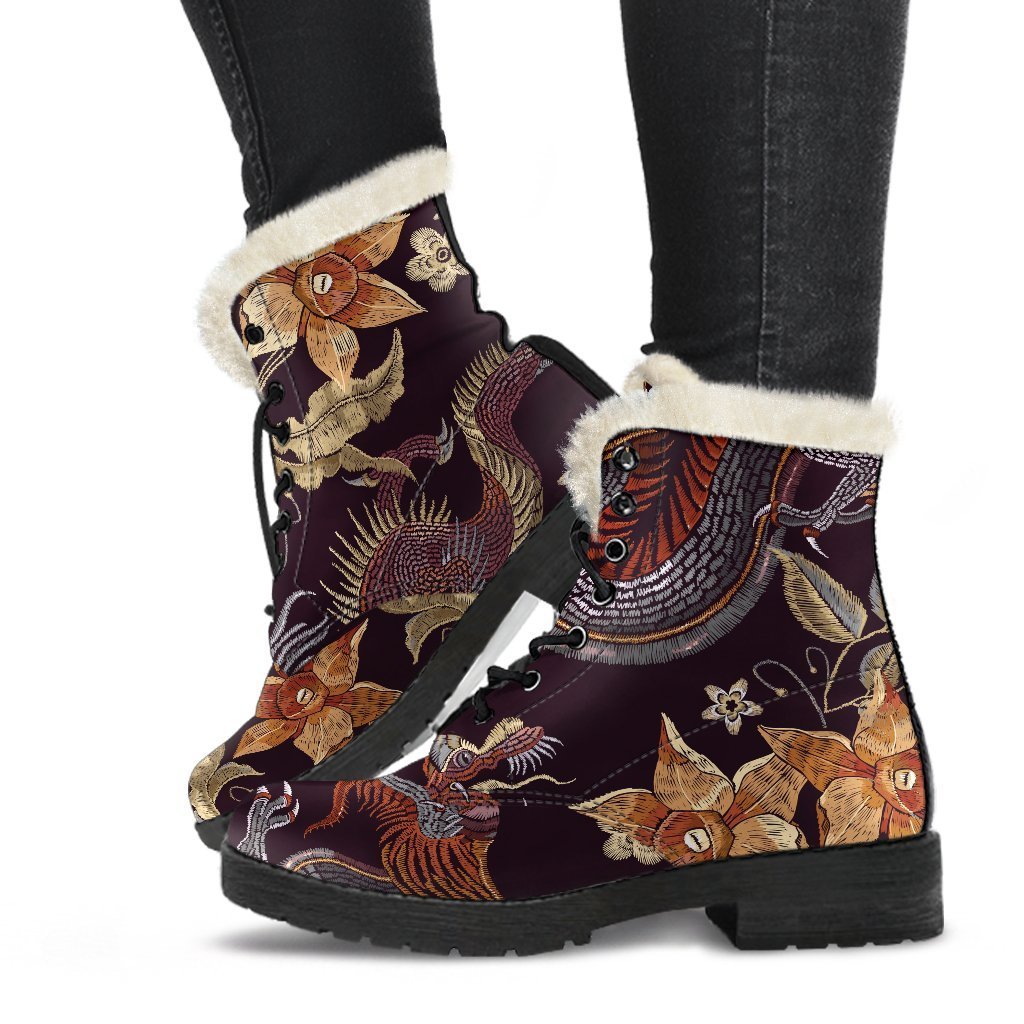 Hippies Heaven: Vintage Dragon Flower Pattern Faux Fur Leather Boots - 1