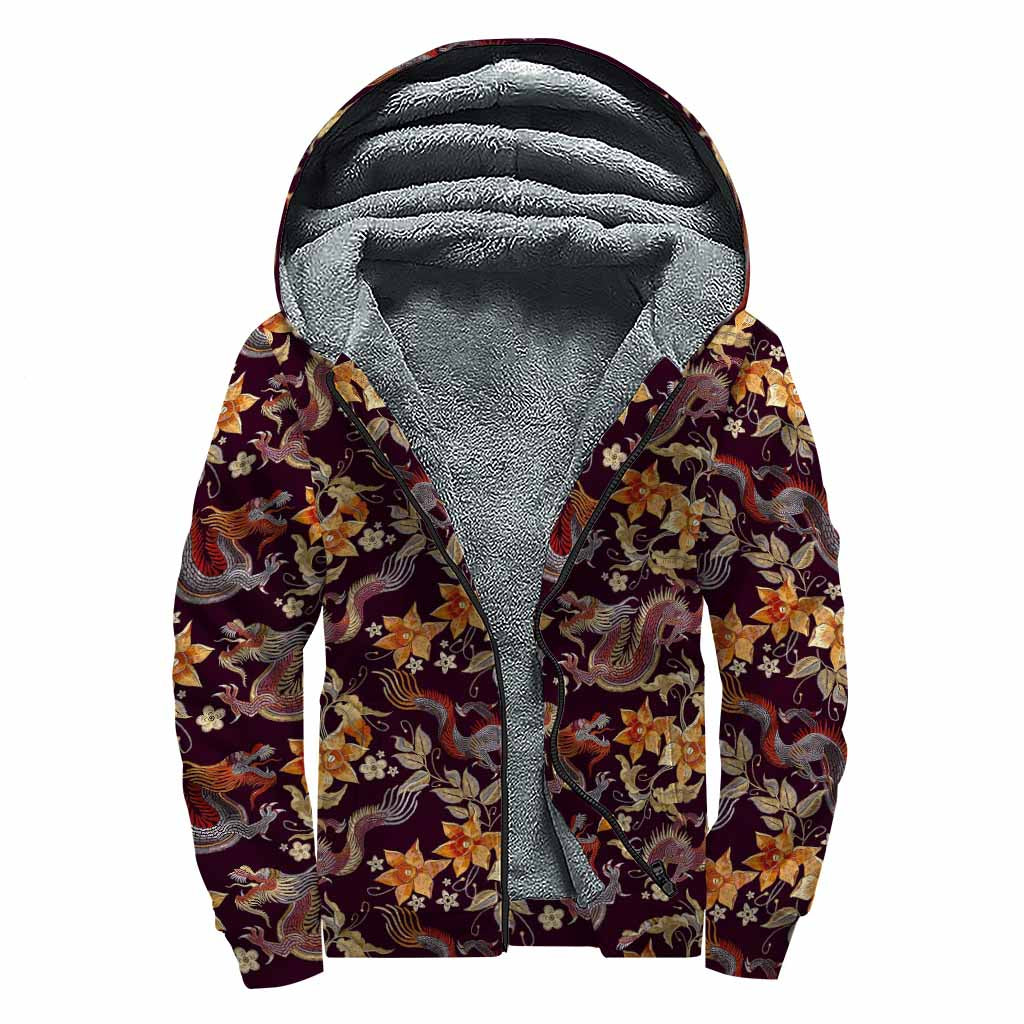 Vintage Dragon Flower Pattern Print Hippie Sherpa Lined Zip Up Hoodie - 1