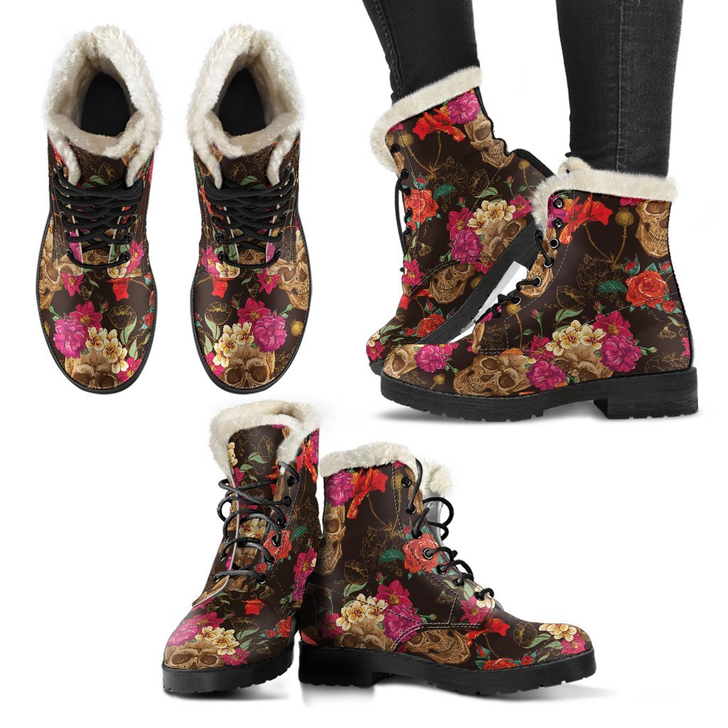 Vintage Flowers & Skulls Faux Fur Leather Boots: Step Into Hippie Style - 2